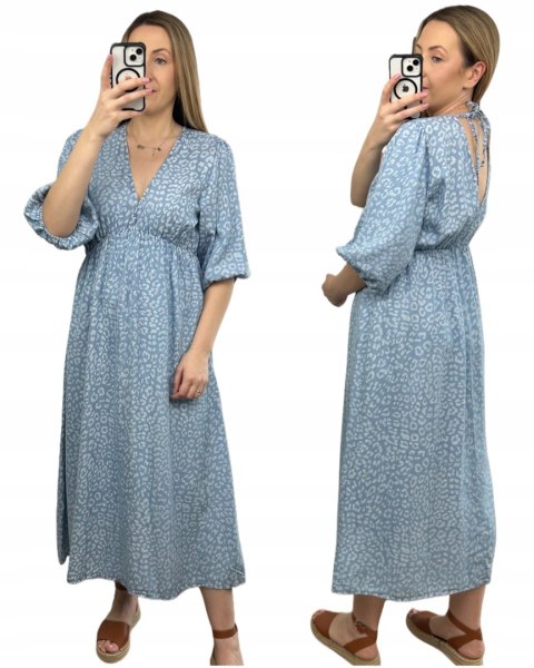 Sukienka midi letnia 100% tencel w cętki panterkę dekolt V rękaw 3/4 Sukienka midi letnia 100% tencel w cętki panterkę dekolt V rękaw 3/4