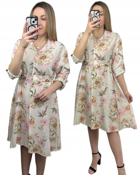 Sukienka szmizjerka koszulowa luźna wiskoza kreszowana w kwiaty luźna beż Sukienka szmizjerka koszulowa luźna wiskoza kreszowana w kwiaty luźna beż