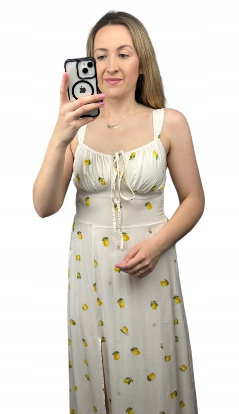 Sukienka w cytryny lemon ramiączkach rozcięcie śmietanka 100% wiskoza midi Sukienka w cytryny lemon ramiączkach rozcięcie śmietanka 100% wiskoza midi