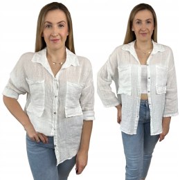 Biała koszula lniana damska Puro Lino 100% len oversize luźna kieszenie