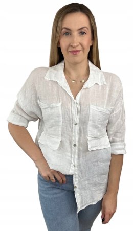 Biała koszula lniana damska Puro Lino 100% len oversize luźna kieszenie