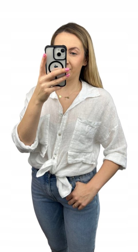 Biała koszula lniana damska Puro Lino 100% len oversize luźna kieszenie Biała koszula lniana damska Puro Lino 100% len oversize luźna kieszenie