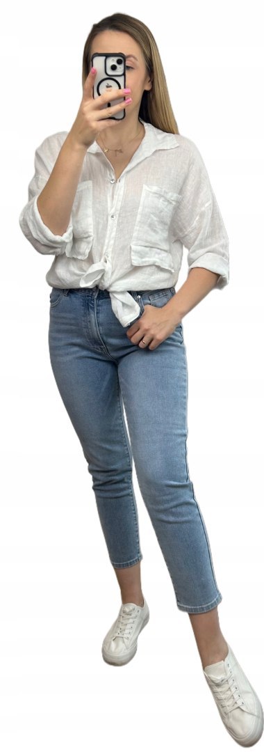 Biała koszula lniana damska Puro Lino 100% len oversize luźna kieszenie Biała koszula lniana damska Puro Lino 100% len oversize luźna kieszenie