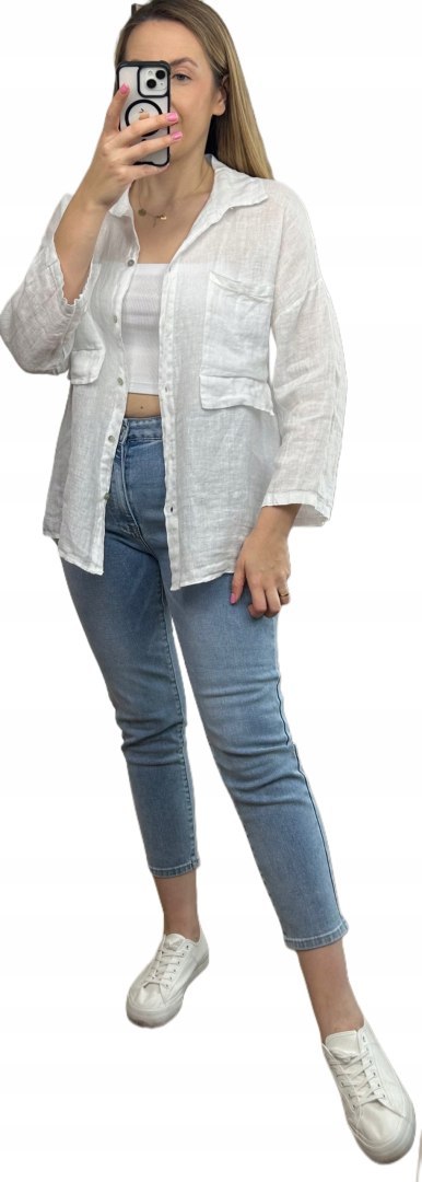 Biała koszula lniana damska Puro Lino 100% len oversize luźna kieszenie Biała koszula lniana damska Puro Lino 100% len oversize luźna kieszenie
