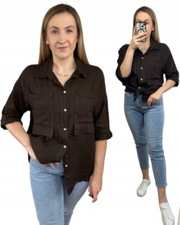 Brązowa koszula lniana damska Puro Lino 100% len oversize luźna kieszenie