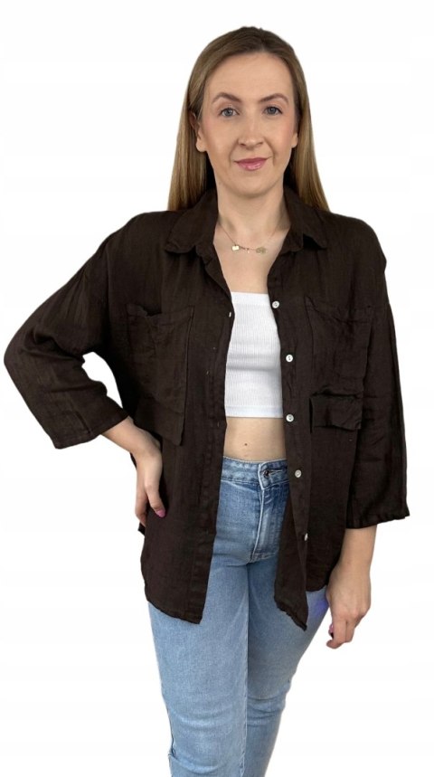 Brązowa koszula lniana damska Puro Lino 100% len oversize luźna kieszenie Brązowa koszula lniana damska Puro Lino 100% len oversize luźna kieszenie