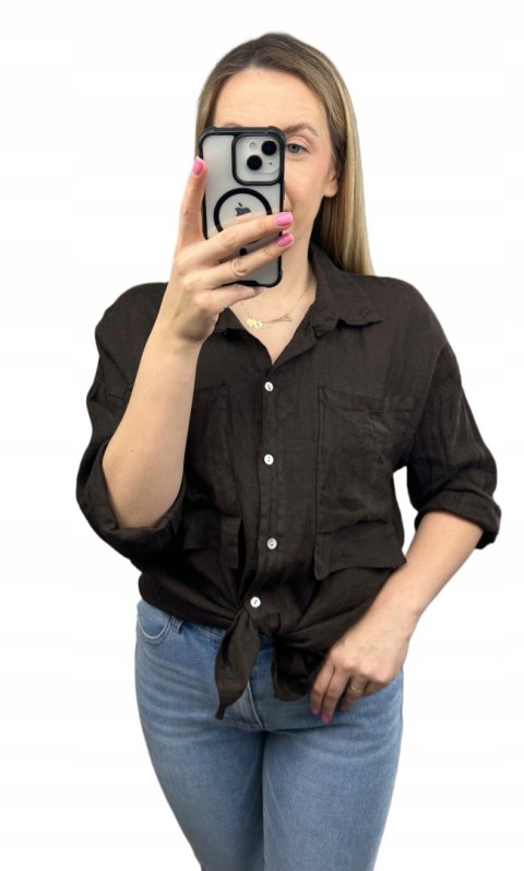 Brązowa koszula lniana damska Puro Lino 100% len oversize luźna kieszenie Brązowa koszula lniana damska Puro Lino 100% len oversize luźna kieszenie