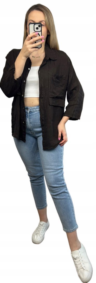Brązowa koszula lniana damska Puro Lino 100% len oversize luźna kieszenie Brązowa koszula lniana damska Puro Lino 100% len oversize luźna kieszenie