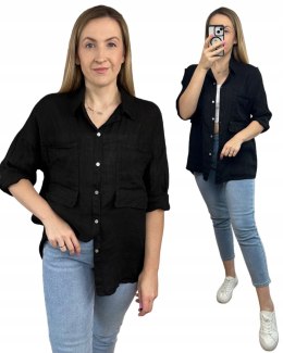 Czarna koszula lniana damska Puro Lino 100% len oversize luźna kieszenie