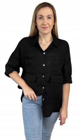 Czarna koszula lniana damska Puro Lino 100% len oversize luźna kieszenie