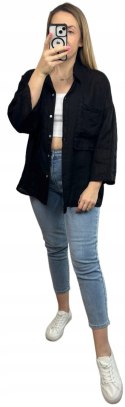 Czarna koszula lniana damska Puro Lino 100% len oversize luźna kieszenie
