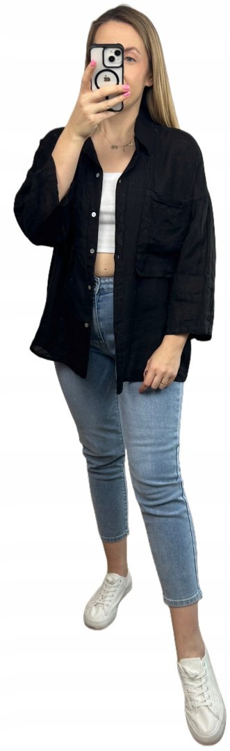 Czarna koszula lniana damska Puro Lino 100% len oversize luźna kieszenie Czarna koszula lniana damska Puro Lino 100% len oversize luźna kieszenie