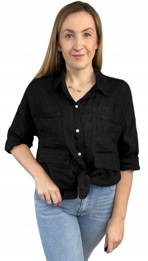 Czarna koszula lniana damska Puro Lino 100% len oversize luźna kieszenie Czarna koszula lniana damska Puro Lino 100% len oversize luźna kieszenie