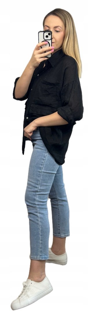 Czarna koszula lniana damska Puro Lino 100% len oversize luźna kieszenie Czarna koszula lniana damska Puro Lino 100% len oversize luźna kieszenie