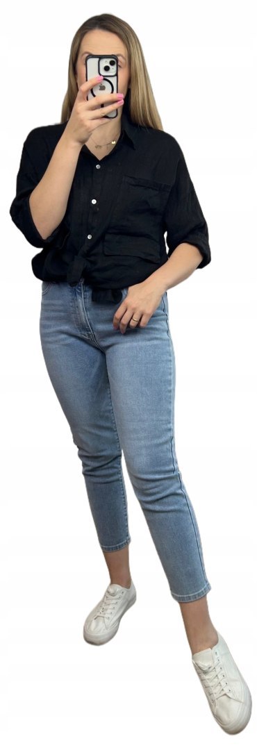 Czarna koszula lniana damska Puro Lino 100% len oversize luźna kieszenie Czarna koszula lniana damska Puro Lino 100% len oversize luźna kieszenie