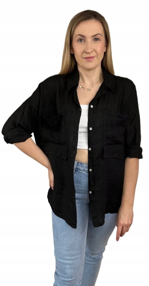 Czarna koszula lniana damska Puro Lino 100% len oversize luźna kieszenie Czarna koszula lniana damska Puro Lino 100% len oversize luźna kieszenie