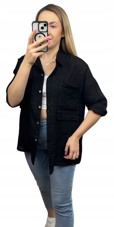 Czarna koszula lniana damska Puro Lino 100% len oversize luźna kieszenie Czarna koszula lniana damska Puro Lino 100% len oversize luźna kieszenie