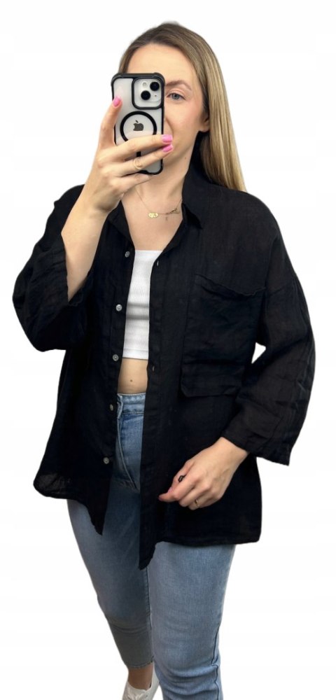 Czarna koszula lniana damska Puro Lino 100% len oversize luźna kieszenie Czarna koszula lniana damska Puro Lino 100% len oversize luźna kieszenie