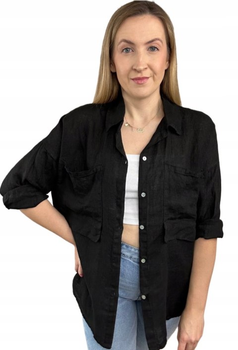 Czarna koszula lniana damska Puro Lino 100% len oversize luźna kieszenie Czarna koszula lniana damska Puro Lino 100% len oversize luźna kieszenie