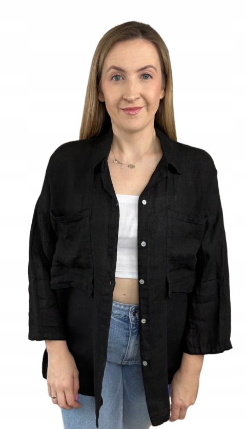 Czarna koszula lniana damska Puro Lino 100% len oversize luźna kieszenie Czarna koszula lniana damska Puro Lino 100% len oversize luźna kieszenie