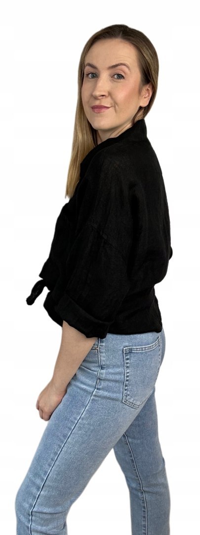 Czarna koszula lniana damska Puro Lino 100% len oversize luźna kieszenie Czarna koszula lniana damska Puro Lino 100% len oversize luźna kieszenie