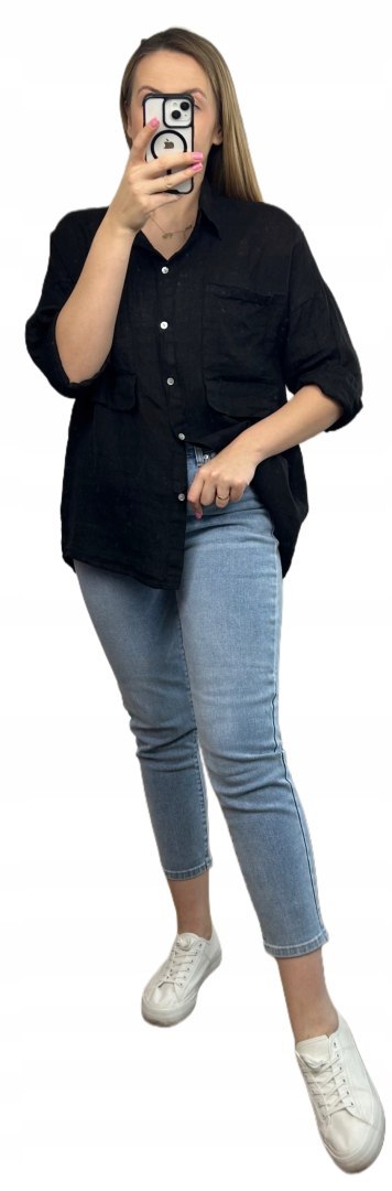 Czarna koszula lniana damska Puro Lino 100% len oversize luźna kieszenie Czarna koszula lniana damska Puro Lino 100% len oversize luźna kieszenie