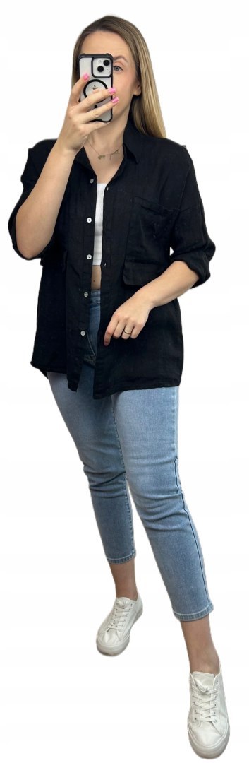 Czarna koszula lniana damska Puro Lino 100% len oversize luźna kieszenie Czarna koszula lniana damska Puro Lino 100% len oversize luźna kieszenie