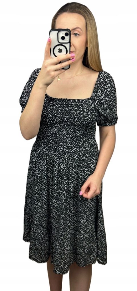 Czarna sukienka w groszki kropki krótki rękaw bufki hiszpanka wiskoza Czarna sukienka w groszki kropki krótki rękaw bufki hiszpanka wiskoza