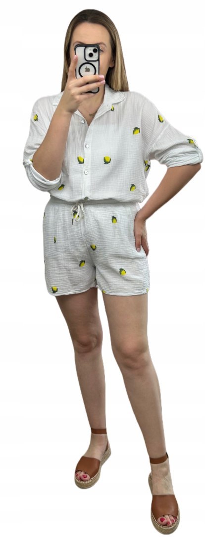 Komplet muślinowy koszula oversize luźna spodenki szorty bawełna cytryny Komplet muślinowy koszula oversize luźna spodenki szorty bawełna cytryny