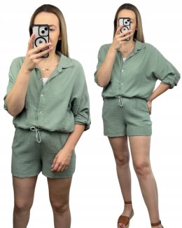 Komplet muślinowy koszula oversize luźna spodenki szorty bawełna szałwia
