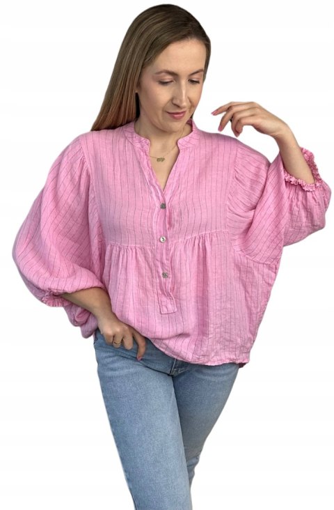 Koszula damska różowa oversize 100% bawełna bawełniana paski luźna Koszula damska różowa oversize 100% bawełna bawełniana paski luźna