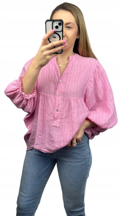Koszula damska różowa oversize 100% bawełna bawełniana paski luźna Koszula damska różowa oversize 100% bawełna bawełniana paski luźna