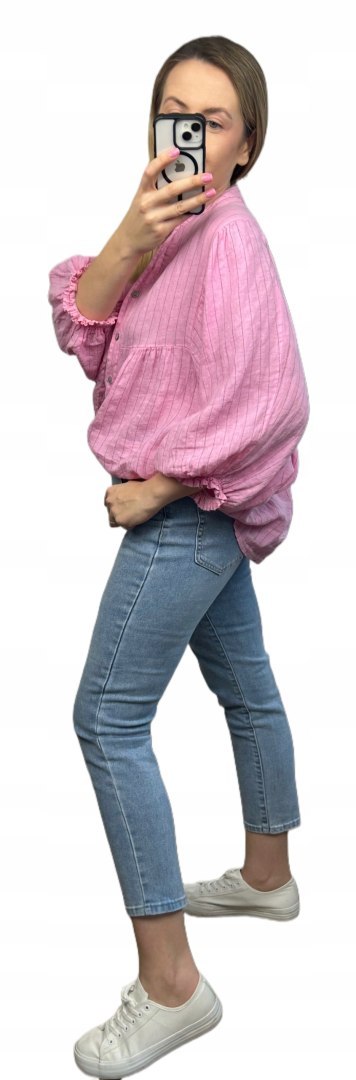 Koszula damska różowa oversize 100% bawełna bawełniana paski luźna Koszula damska różowa oversize 100% bawełna bawełniana paski luźna