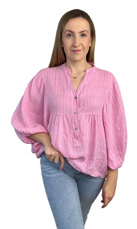 Koszula damska różowa oversize 100% bawełna bawełniana paski luźna Koszula damska różowa oversize 100% bawełna bawełniana paski luźna