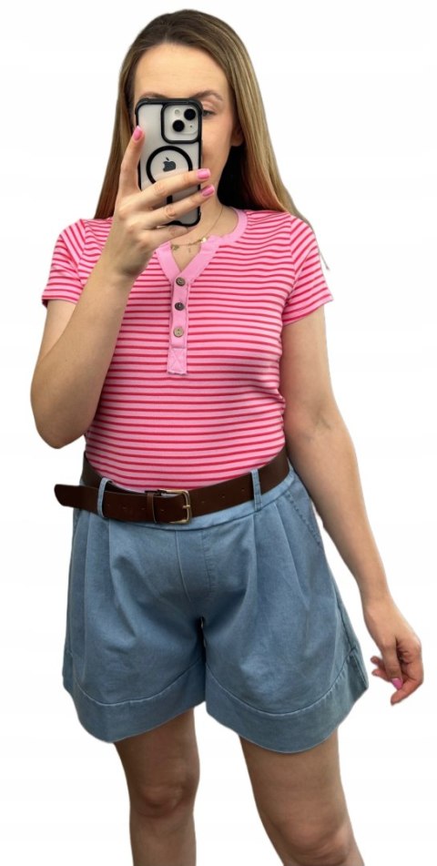 Koszulka damska w paski bawełniana różowa czerwona guziki Michelle Koszulka damska w paski bawełniana różowa czerwona guziki Michelle