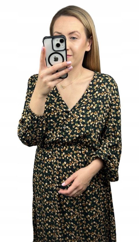 Midi dłuższa sukienka 100% wiskoza kwiaty jesień rękaw rozcięcie S M L Midi dłuższa sukienka 100% wiskoza kwiaty jesień rękaw rozcięcie S M L