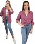 Różowa brudny róż koszula muślinowa z kieszeń długie rękawy muślin oversize