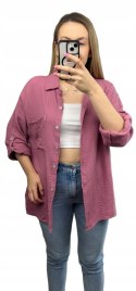 Różowa brudny róż koszula muślinowa z kieszeń długie rękawy muślin oversize