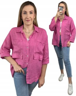 Różowa koszula lniana damska Puro Lino 100% len oversize luźna kieszenie