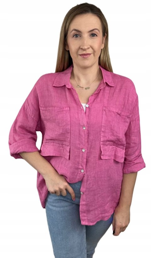Różowa koszula lniana damska Puro Lino 100% len oversize luźna kieszenie Różowa koszula lniana damska Puro Lino 100% len oversize luźna kieszenie
