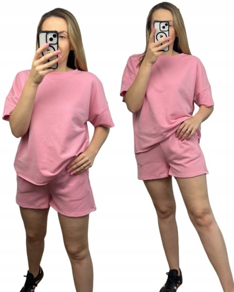 Różowy komplet dresowy bawełniany krótki rękaw luźny szorty bluza Azara Różowy komplet dresowy bawełniany krótki rękaw luźny szorty bluza Azara