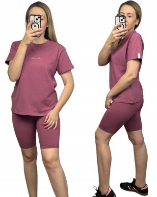 Różowy komplet dresowy bawełniany t-shirt haft kolarki bawełna Lenoshka