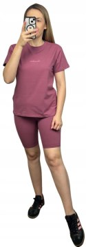 Różowy komplet dresowy bawełniany t-shirt haft kolarki bawełna Lenoshka