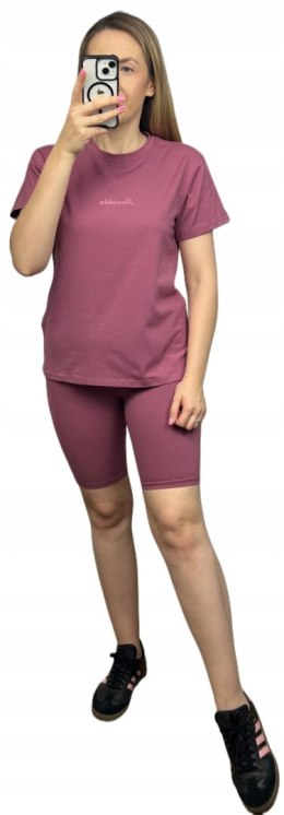 Różowy komplet dresowy bawełniany t-shirt haft kolarki bawełna Lenoshka