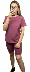 Różowy komplet dresowy bawełniany t-shirt haft kolarki bawełna Lenoshka