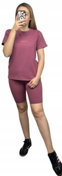 Różowy komplet dresowy bawełniany t-shirt haft kolarki bawełna Lenoshka