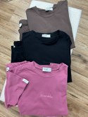 Różowy komplet dresowy bawełniany t-shirt haft kolarki bawełna Lenoshka