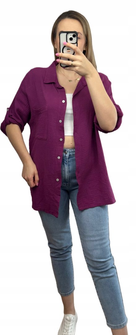 Śliwkowa fioletowa koszula muślinowa kieszeń krótkie rękawy muślin oversize Śliwkowa fioletowa koszula muślinowa kieszeń krótkie rękawy muślin oversize