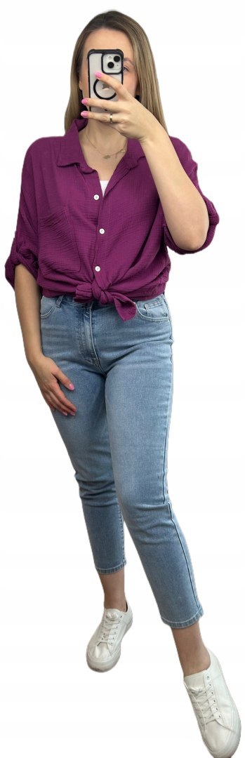 Śliwkowa fioletowa koszula muślinowa kieszeń krótkie rękawy muślin oversize Śliwkowa fioletowa koszula muślinowa kieszeń krótkie rękawy muślin oversize