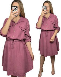 Sukienka koszulowa muślinowa brudny róż guziki długi rękaw L XL XXL